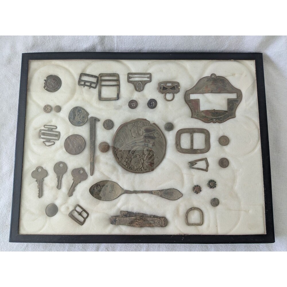 Antique Relic Lot Framed Riker Mount Metal Detected Cabinet Keys Buckles RCA